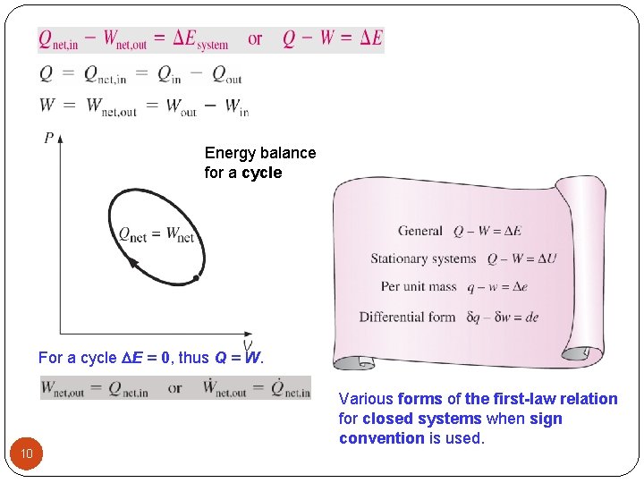 Energy balance for a cycle For a cycle E = 0, thus Q =