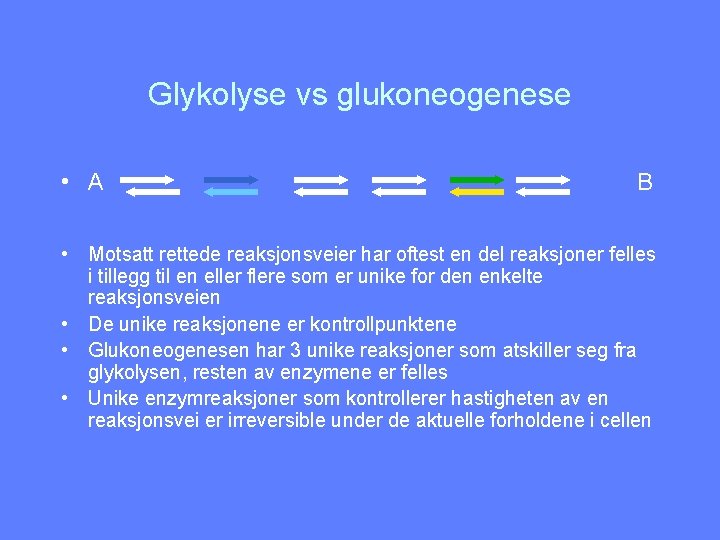 Glykolyse vs glukoneogenese • A B • Motsatt rettede reaksjonsveier har oftest en del