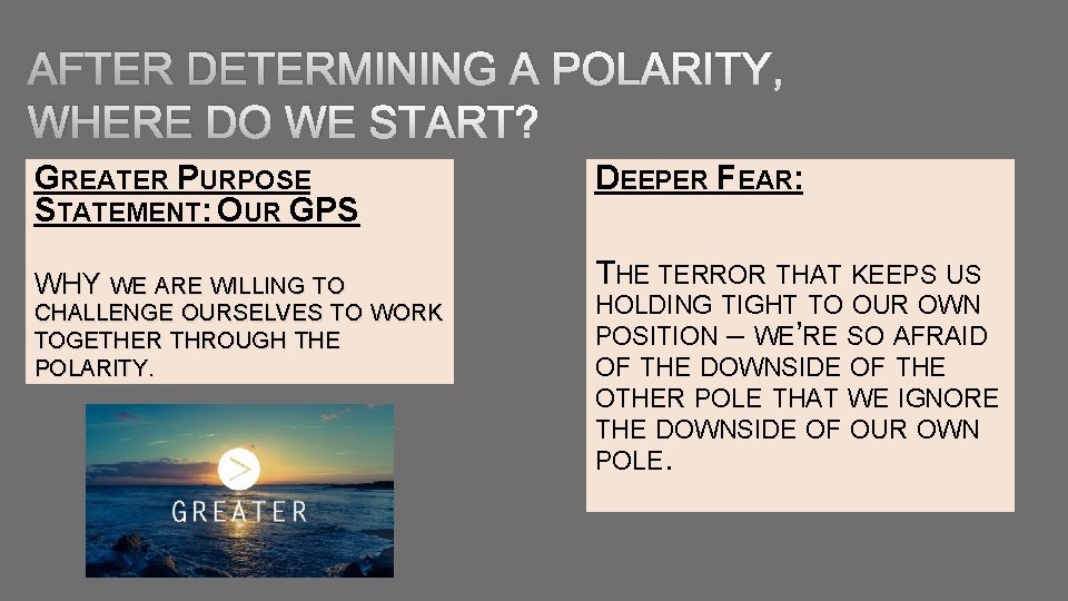 AFTER DETERMINING A POLARITY, WHERE DO WE START? GREATER PURPOSE STATEMENT: OUR GPS DEEPER