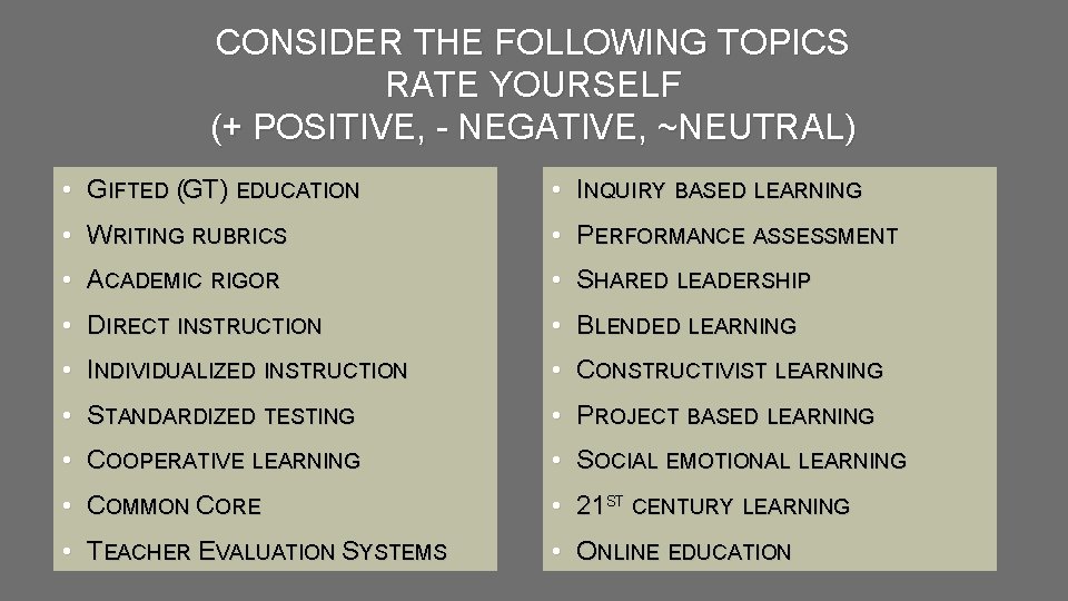 CONSIDER THE FOLLOWING TOPICS RATE YOURSELF (+ POSITIVE, - NEGATIVE, ~NEUTRAL) • GIFTED (GT)
