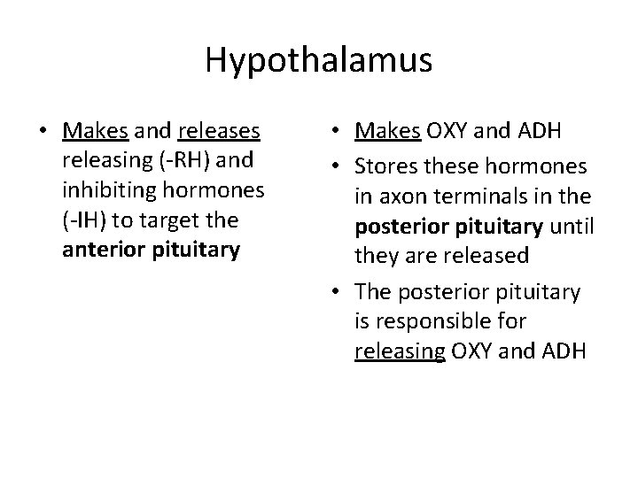 Hypothalamus • Makes and releases releasing (-RH) and inhibiting hormones (-IH) to target the