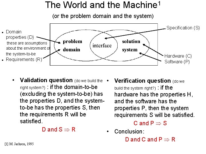 The World and the Machine 1 (or the problem domain and the system) Domain