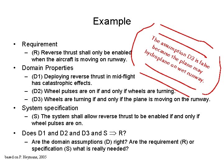 Example • Requirement – (R) Reverse thrust shall only be enabled when the aircraft