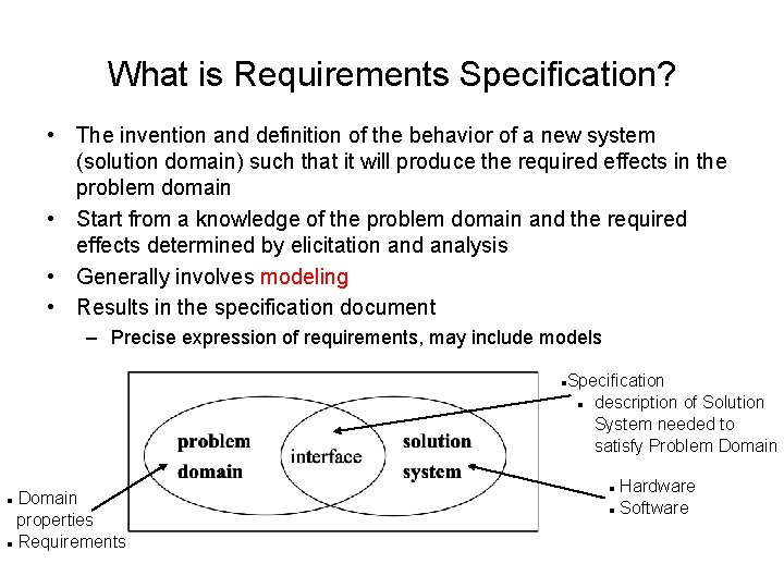 What is Requirements Specification? • The invention and definition of the behavior of a