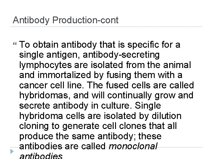 Antibody Production-cont To obtain antibody that is specific for a single antigen, antibody-secreting lymphocytes