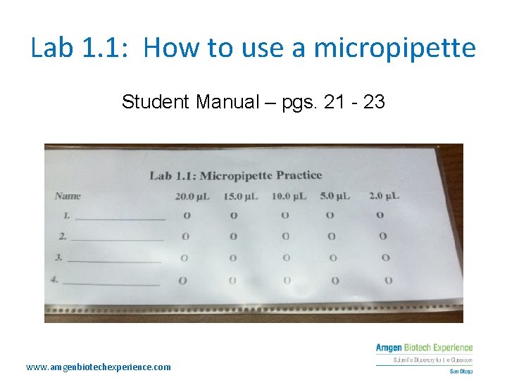 Lab 1. 1: How to use a micropipette 23 Student Manual – pgs. 21