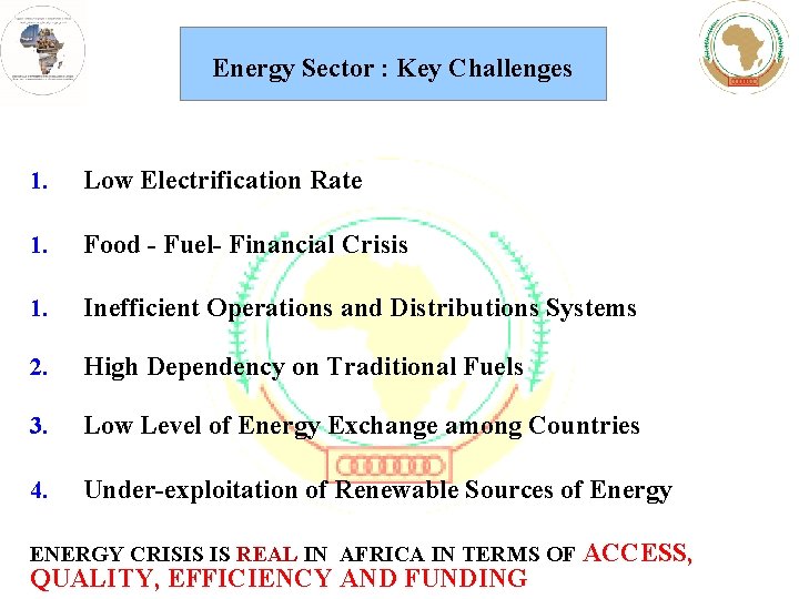 Energy Sector : Key Challenges 1. Low Electrification Rate 1. Food - Fuel- Financial
