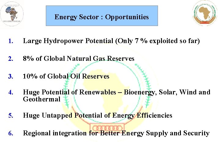 Energy Sector : Opportunities 1. Large Hydropower Potential (Only 7 % exploited so far)