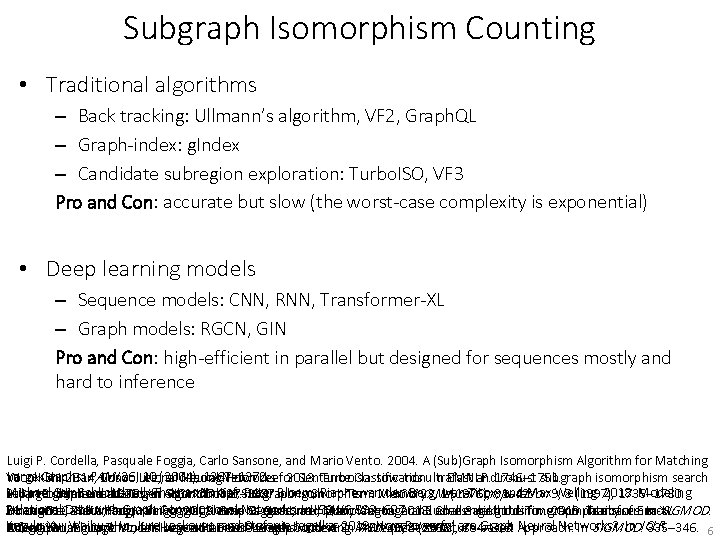 Subgraph Isomorphism Counting • Traditional algorithms – Back tracking: Ullmann’s algorithm, VF 2, Graph.