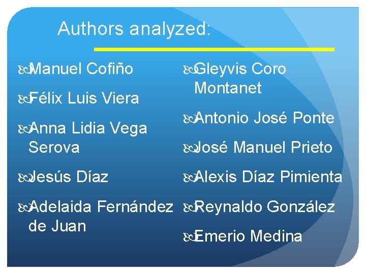 Authors analyzed: Manuel Cofiño Félix Luis Viera Anna Lidia Vega Serova Jesús Díaz Gleyvis