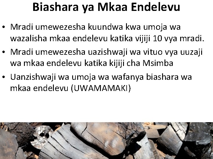 Biashara ya Mkaa Endelevu • Mradi umewezesha kuundwa kwa umoja wa wazalisha mkaa endelevu