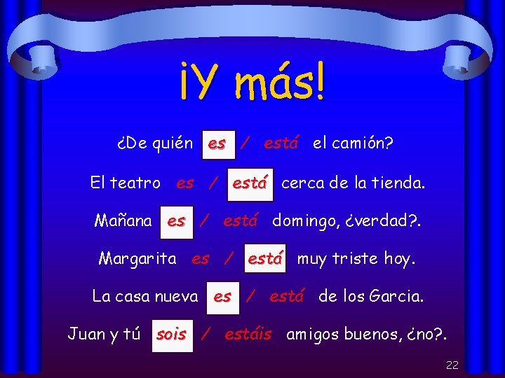 ¡Y más! ¿De quién es / está el camión? El teatro es / está