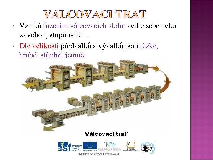  Vzniká řazením válcovacích stolic vedle sebe nebo za sebou, stupňovitě… Dle velikosti předvalků