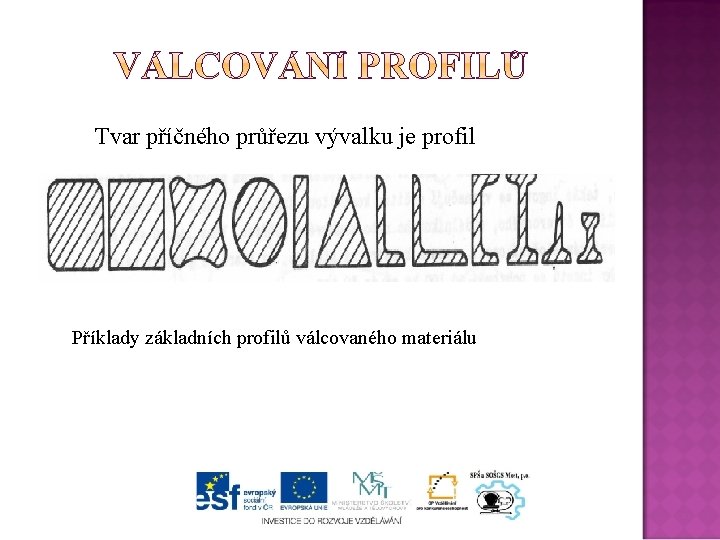 Tvar příčného průřezu vývalku je profil Příklady základních profilů válcovaného materiálu 