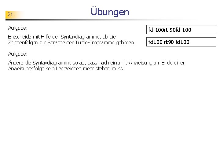 21 Übungen Aufgabe: Entscheide mit Hilfe der Syntaxdiagramme, ob die Zeichenfolgen zur Sprache der