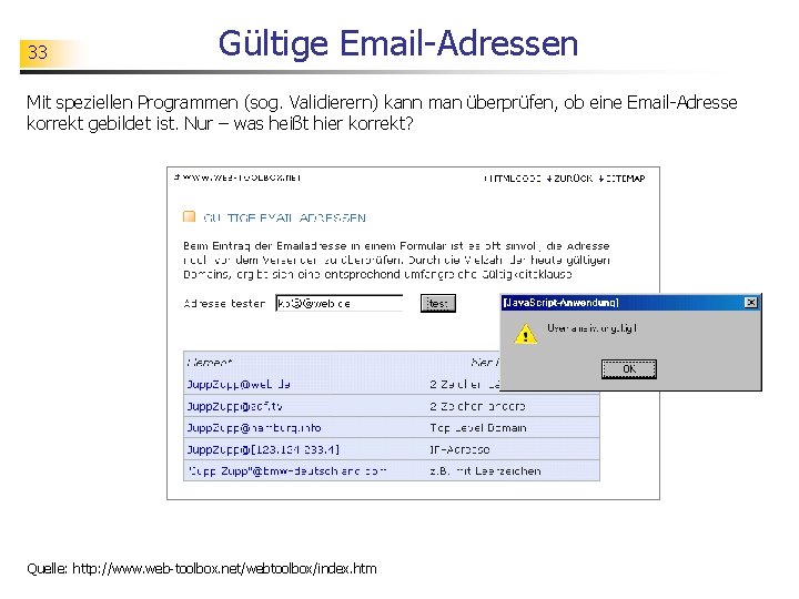 33 Gültige Email-Adressen Mit speziellen Programmen (sog. Validierern) kann man überprüfen, ob eine Email-Adresse