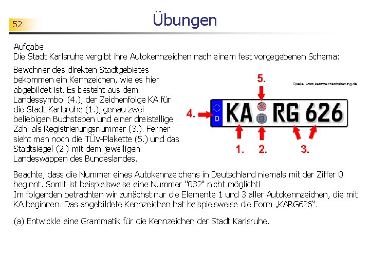 52 Übungen Aufgabe Die Stadt Karlsruhe vergibt ihre Autokennzeichen nach einem fest vorgegebenen Schema: