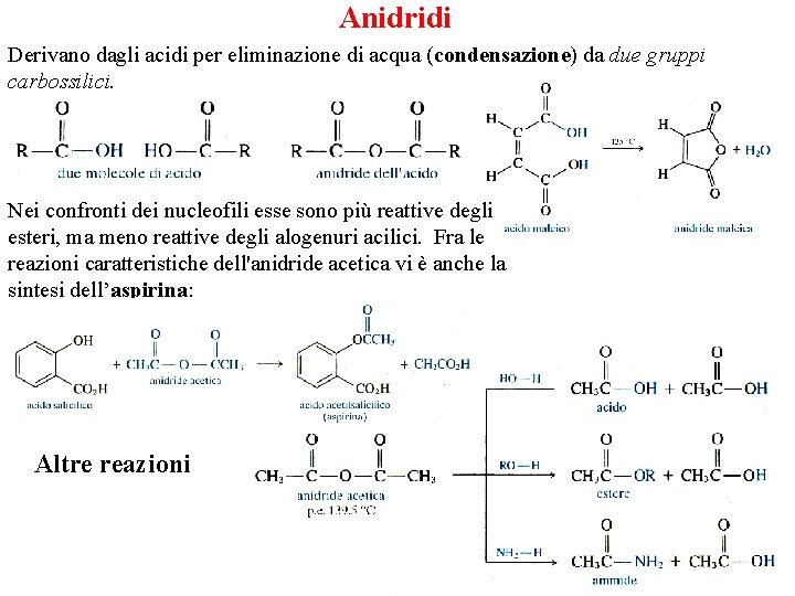 Anidridi Derivano dagli acidi per eliminazione di acqua (condensazione) da due gruppi carbossilici. Nei