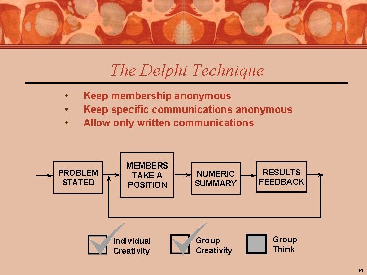 The Delphi Technique • • • Keep membership anonymous Keep specific communications anonymous Allow