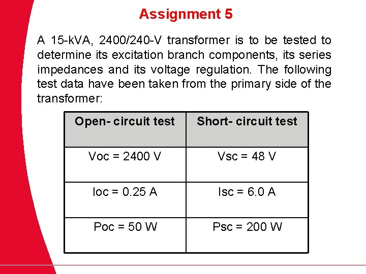 Assignment 5 A 15 -k. VA, 2400/240 -V transformer is to be tested to