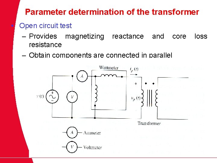 Parameter determination of the transformer • Open circuit test – Provides magnetizing reactance and