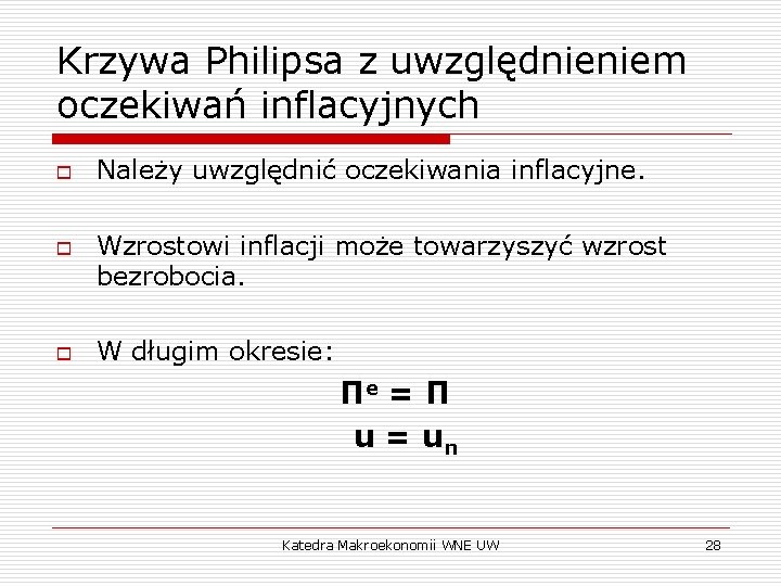 Krzywa Philipsa z uwzględnieniem oczekiwań inflacyjnych o o o Należy uwzględnić oczekiwania inflacyjne. Wzrostowi