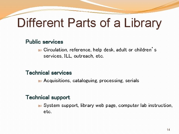 Different Parts of a Library Public services Circulation, reference, help desk, adult or children’s