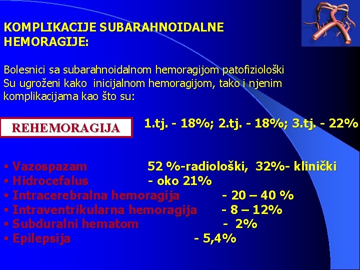 KOMPLIKACIJE SUBARAHNOIDALNE HEMORAGIJE: Bolesnici sa subarahnoidalnom hemoragijom patofiziološki Su ugroženi kako inicijalnom hemoragijom, tako
