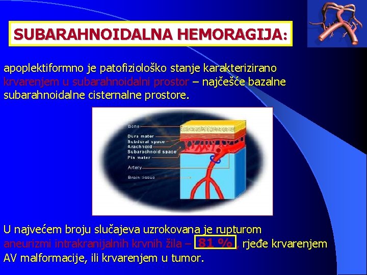SUBARAHNOIDALNA HEMORAGIJA: apoplektiformno je patofiziološko stanje karakterizirano krvarenjem u subarahnoidalni prostor – najčešće bazalne