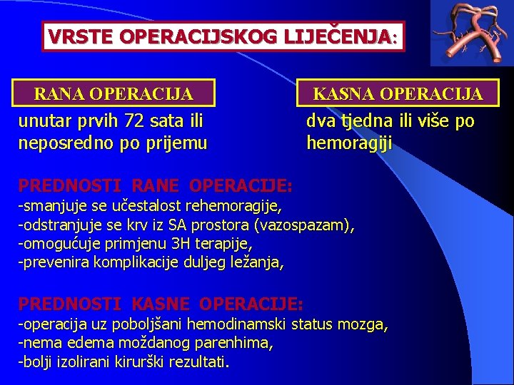 VRSTE OPERACIJSKOG LIJEČENJA: RANA OPERACIJA unutar prvih 72 sata ili neposredno po prijemu KASNA