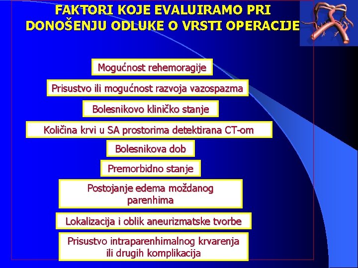 FAKTORI KOJE EVALUIRAMO PRI DONOŠENJU ODLUKE O VRSTI OPERACIJE Mogućnost rehemoragije Prisustvo ili mogućnost