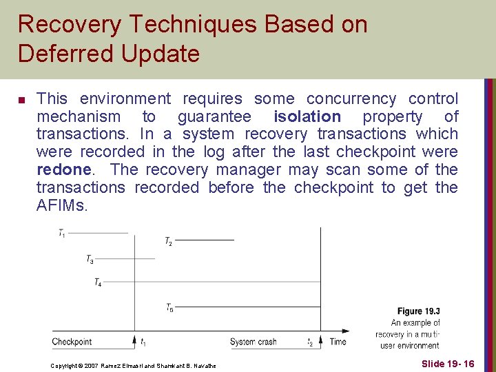 Recovery Techniques Based on Deferred Update n This environment requires some concurrency control mechanism