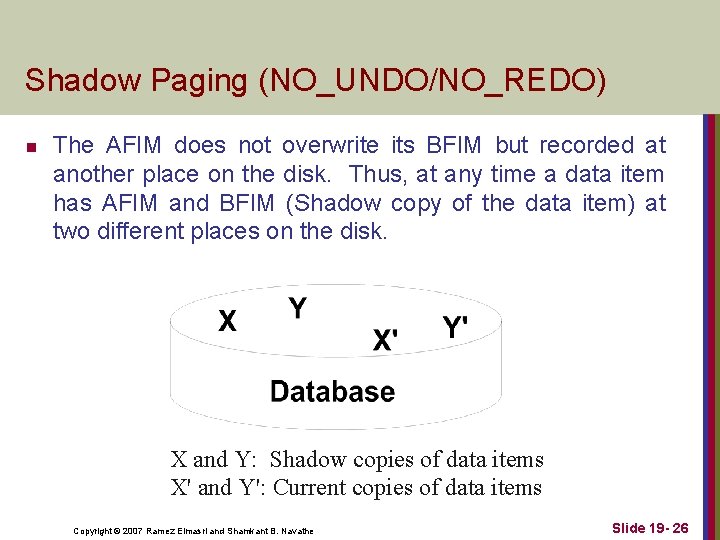 Shadow Paging (NO_UNDO/NO_REDO) n The AFIM does not overwrite its BFIM but recorded at