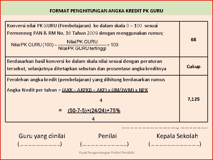 FORMAT PENGHITUNGAN ANGKA KREDIT PK GURU Konversi nilai PK GURU (Pembelajaran) ke dalam skala