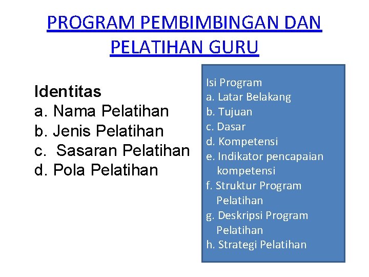 PROGRAM PEMBIMBINGAN DAN PELATIHAN GURU Identitas a. Nama Pelatihan b. Jenis Pelatihan c. Sasaran