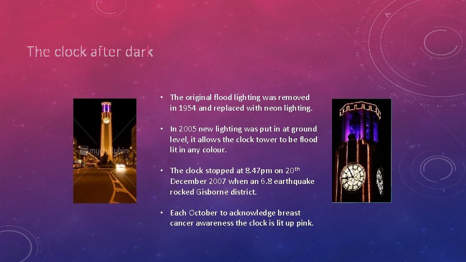 The clock after dark • The original flood lighting was removed in 1954 and