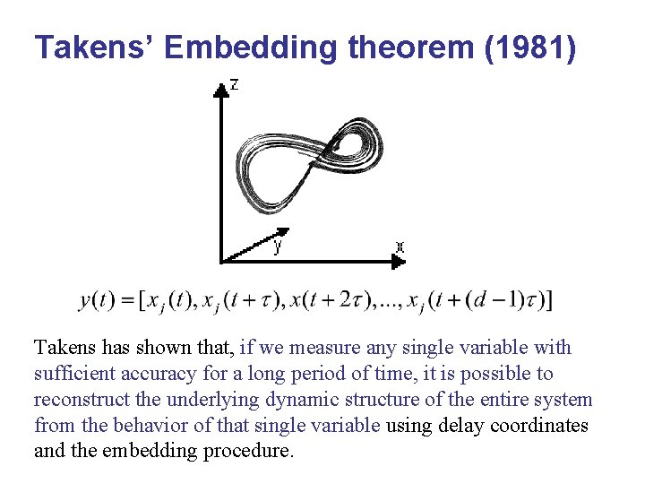 Takens’ Embedding theorem (1981) Takens has shown that, if we measure any single variable