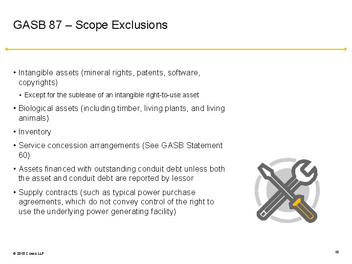 GASB 87 – Scope Exclusions • Intangible assets (mineral rights, patents, software, copyrights) •