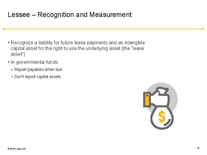 Lessee – Recognition and Measurement • Recognize a liability for future lease payments and