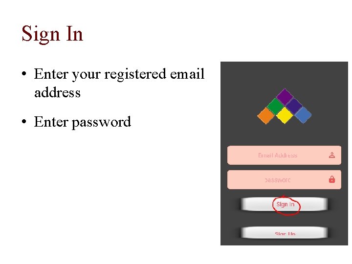 Sign In • Enter your registered email address • Enter password 