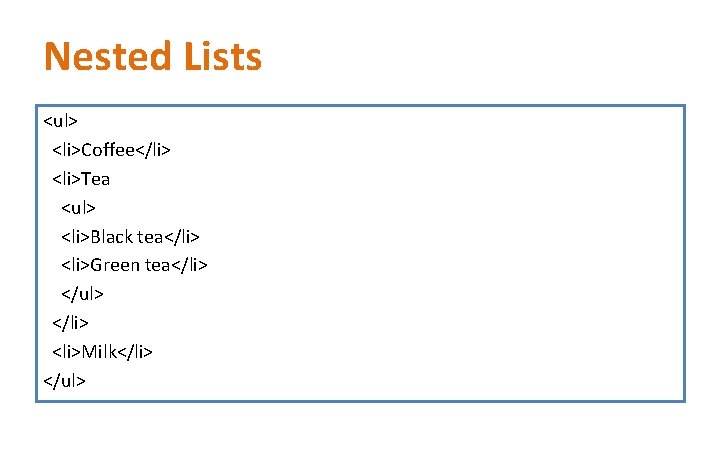 Nested Lists <ul> <li>Coffee</li> <li>Tea <ul> <li>Black tea</li> <li>Green tea</li> </ul> </li> <li>Milk</li> </ul>
