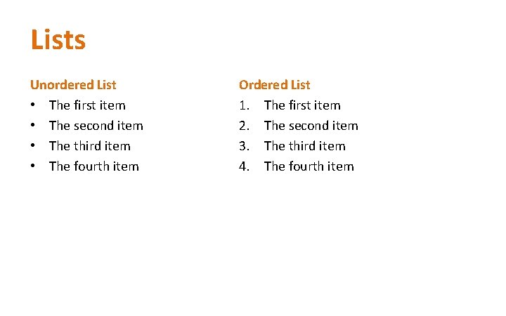 Lists Unordered List • The first item • The second item • The third