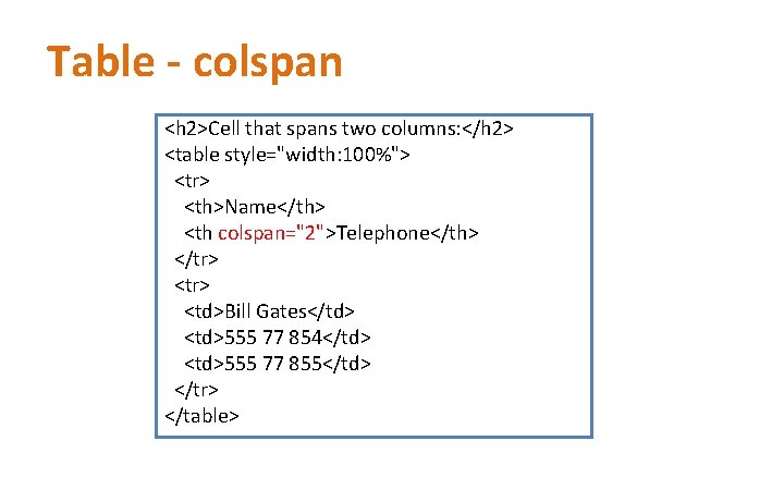 Table - colspan <h 2>Cell that spans two columns: </h 2> <table style="width: 100%">