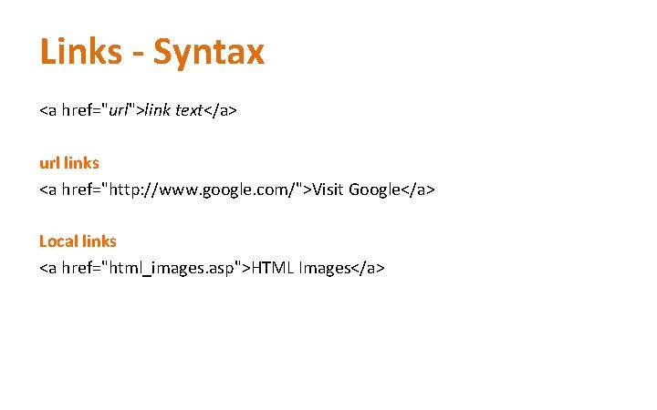 Links - Syntax <a href="url">link text</a> url links <a href="http: //www. google. com/">Visit Google</a>