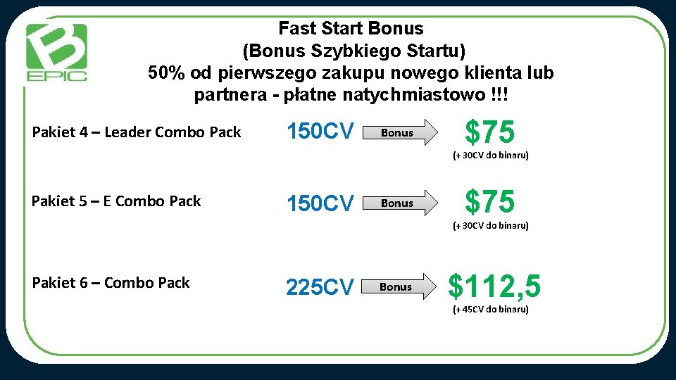 Fast Start Bonus (Bonus Szybkiego Startu) 50% od pierwszego zakupu nowego klienta lub partnera