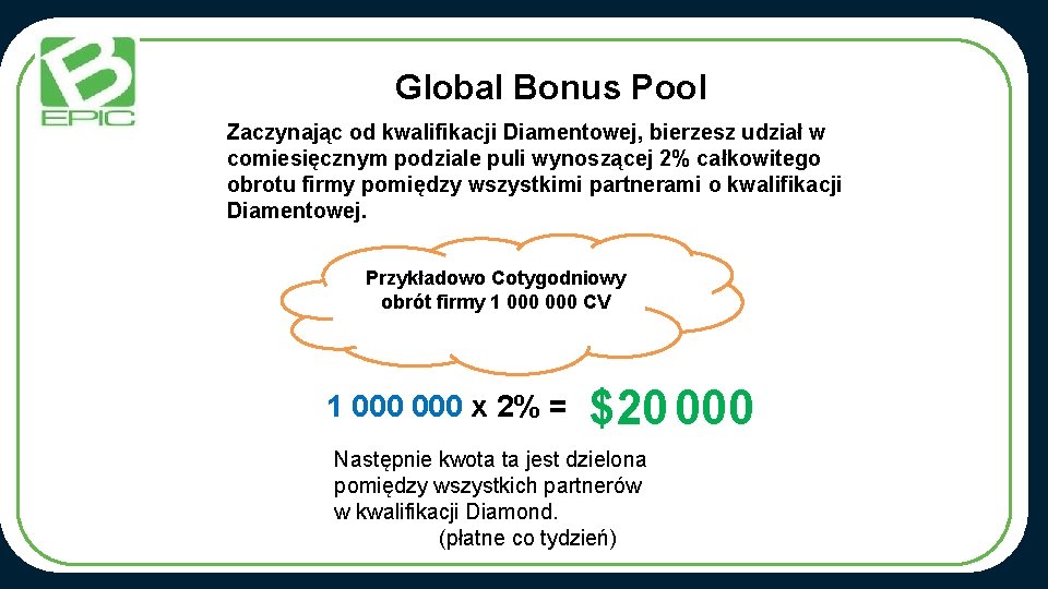 Global Bonus Pool Zaczynając od kwalifikacji Diamentowej, bierzesz udział w comiesięcznym podziale puli wynoszącej
