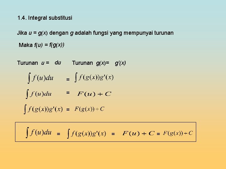 1. 4. Integral substitusi Jika u = g(x) dengan g adalah fungsi yang mempunyai