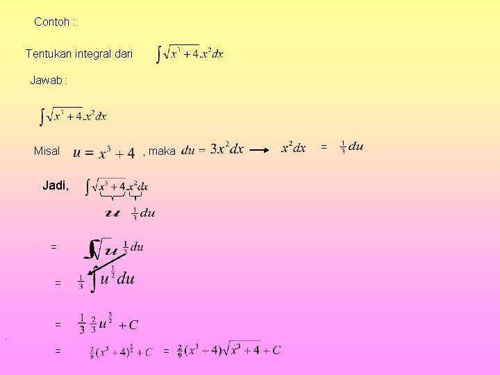 Contoh : Tentukan integral dari Jawab : Misal , maka Jadi, = = =