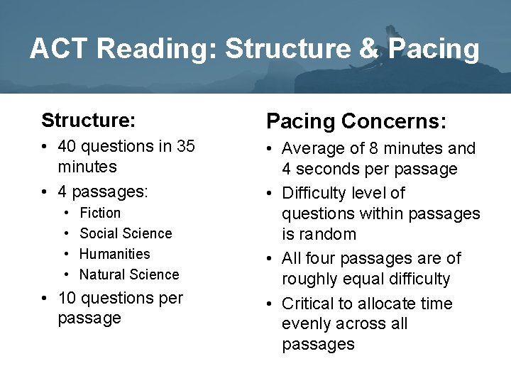 ACT Reading: Structure & Pacing Structure: Pacing Concerns: • 40 questions in 35 minutes