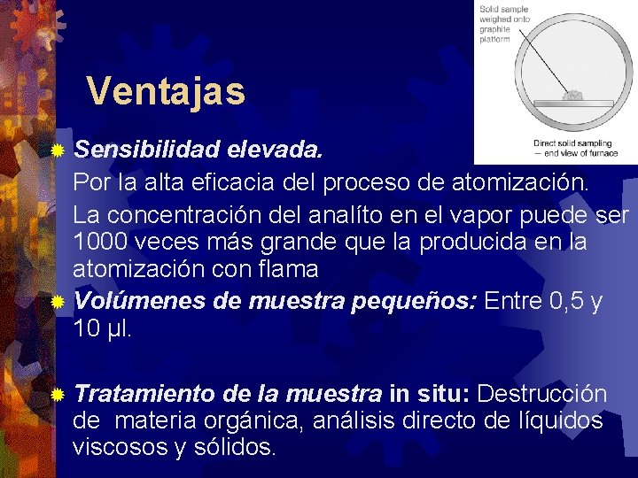 Ventajas ® Sensibilidad elevada. Por la alta eficacia del proceso de atomización. La concentración